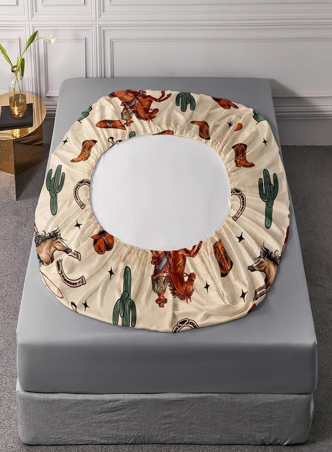 XYNHML Western Cowboy Horse Sheet 4Pcs Twin Wrangler Cactus Bedding Set for Teen Girl Boy Adult Horseshoe Riding Boots Bed Decor Brown Vintage Sheet with 1 Flat Sheet and 1 Fitted Sheet+2 Pillowcases - Image 5