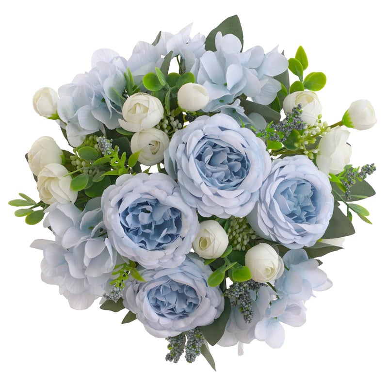karoro 2 Bunches Artificial Peonies Flowers Small Silk Blue Peonies Fake Hydrangea Flowers Arrangements Table Centerpiece Faux Flores for Bridal Wedding Home Decor (2, Blue White) - Image 1