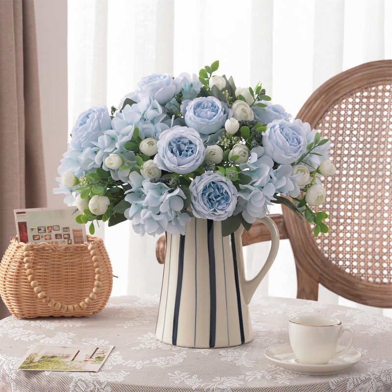 karoro 2 Bunches Artificial Peonies Flowers Small Silk Blue Peonies Fake Hydrangea Flowers Arrangements Table Centerpiece Faux Flores for Bridal Wedding Home Decor (2, Blue White) - Image 5