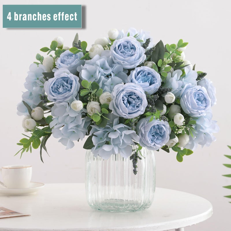 karoro 2 Bunches Artificial Peonies Flowers Small Silk Blue Peonies Fake Hydrangea Flowers Arrangements Table Centerpiece Faux Flores for Bridal Wedding Home Decor (2, Blue White) - Image 2