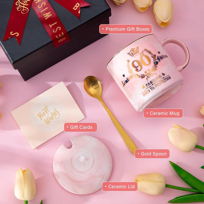Biching 90th Birthday Gifts for Women - Aged to Perfection Coffee Mug - Unique 1935 Birthday Present for Grandma Mom Wife Friend Sister, 14oz Ceramic Coffee Mug Printed Gold with Lid Spoon Card, Nice Gift Box - Image 4