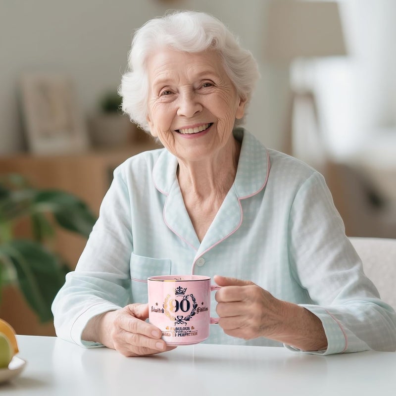 Biching 90th Birthday Gifts for Women - Aged to Perfection Coffee Mug - Unique 1935 Birthday Present for Grandma Mom Wife Friend Sister, 14oz Ceramic Coffee Mug Printed Gold with Lid Spoon Card, Nice Gift Box - Image 5