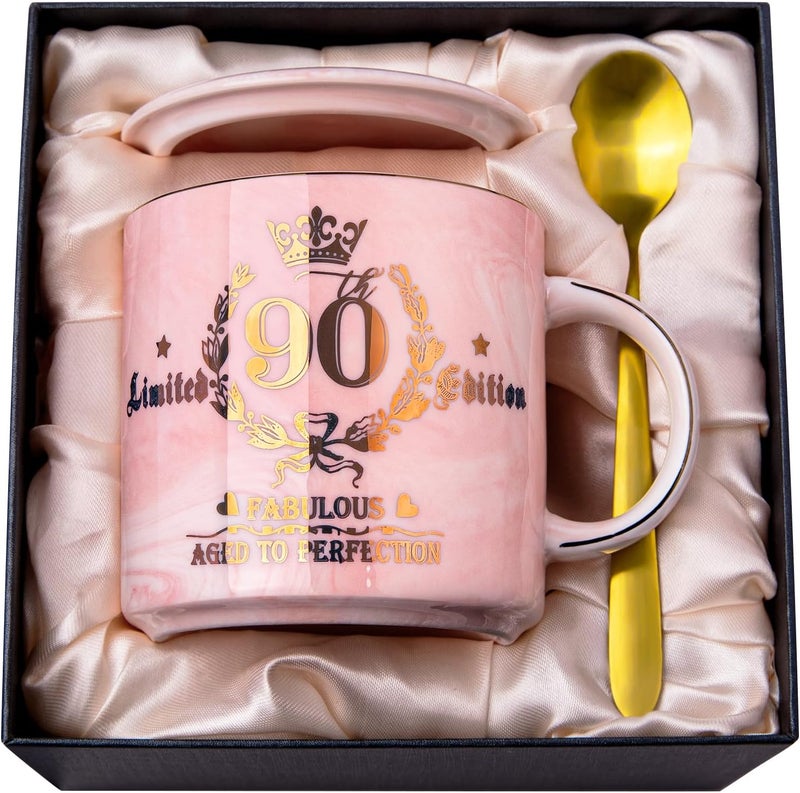 Biching 90th Birthday Gifts for Women - Aged to Perfection Coffee Mug - Unique 1935 Birthday Present for Grandma Mom Wife Friend Sister, 14oz Ceramic Coffee Mug Printed Gold with Lid Spoon Card, Nice Gift Box - Image 1