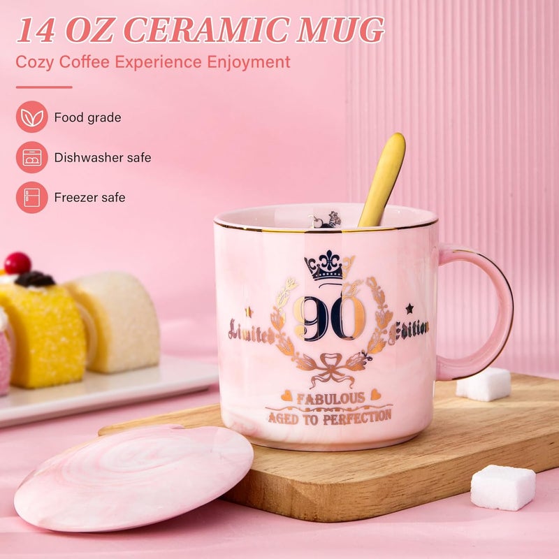 Biching 90th Birthday Gifts for Women - Aged to Perfection Coffee Mug - Unique 1935 Birthday Present for Grandma Mom Wife Friend Sister, 14oz Ceramic Coffee Mug Printed Gold with Lid Spoon Card, Nice Gift Box - Image 2