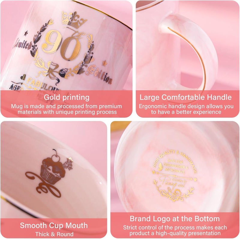 Biching 90th Birthday Gifts for Women - Aged to Perfection Coffee Mug - Unique 1935 Birthday Present for Grandma Mom Wife Friend Sister, 14oz Ceramic Coffee Mug Printed Gold with Lid Spoon Card, Nice Gift Box - Image 3