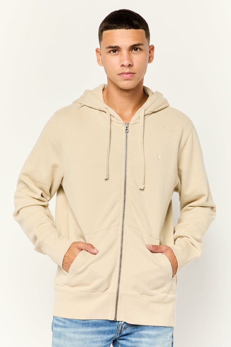 American Eagle Men Brand Logo Long Sleeve Hoodie, Beige - Image 1