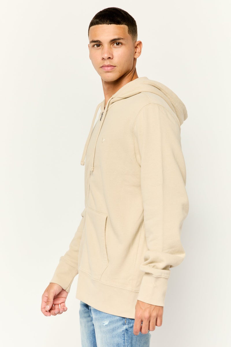 American Eagle Men Brand Logo Long Sleeve Hoodie, Beige - Image 2