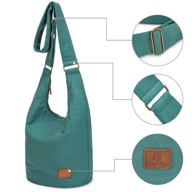 Coton Pose Women's Light Green Hippie Crossbody Bag, 10"W x 12"H x 7"D, 6L Capacity, Canvas/100% Denim, Zipper Closure, Convertible Shoulder-Cross-Body Strap, Boho-Chic Style - Image 4