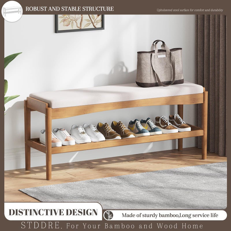 STDDRE Shoe Bench Entryway Bamboo 2-Tier Shoe Rack with Cushion Padded Seat Shoe Bench Organizer Stable for Entry, Hallway, Living Room, Bedroom, Closet (39.4 * 11.4 * 16.5IN, Brown-Beige) - Image 2