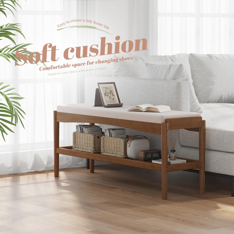 STDDRE Shoe Bench Entryway Bamboo 2-Tier Shoe Rack with Cushion Padded Seat Shoe Bench Organizer Stable for Entry, Hallway, Living Room, Bedroom, Closet (39.4 * 11.4 * 16.5IN, Brown-Beige) - Image 3