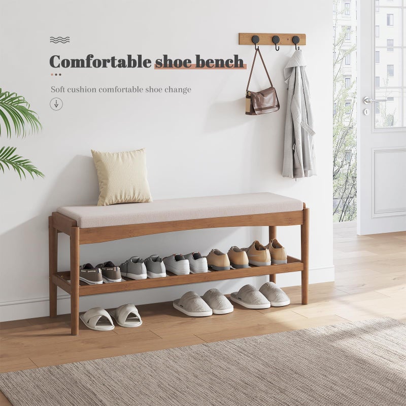 STDDRE Shoe Bench Entryway Bamboo 2-Tier Shoe Rack with Cushion Padded Seat Shoe Bench Organizer Stable for Entry, Hallway, Living Room, Bedroom, Closet (39.4 * 11.4 * 16.5IN, Brown-Beige) - Image 4