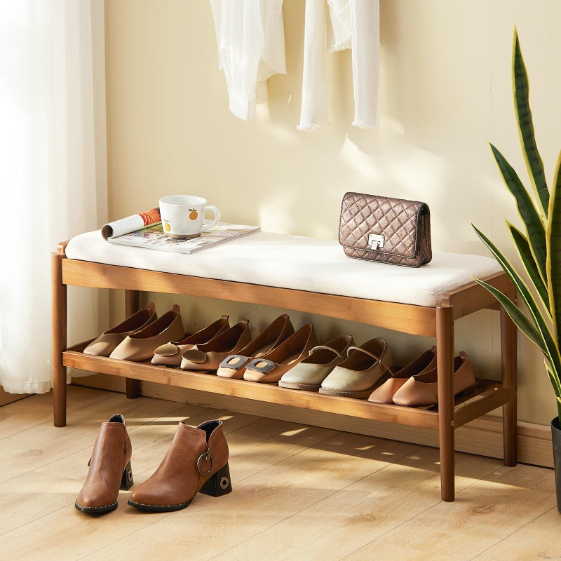 STDDRE Shoe Bench Entryway Bamboo 2-Tier Shoe Rack with Cushion Padded Seat Shoe Bench Organizer Stable for Entry, Hallway, Living Room, Bedroom, Closet (39.4 * 11.4 * 16.5IN, Brown-Beige) - Image 1
