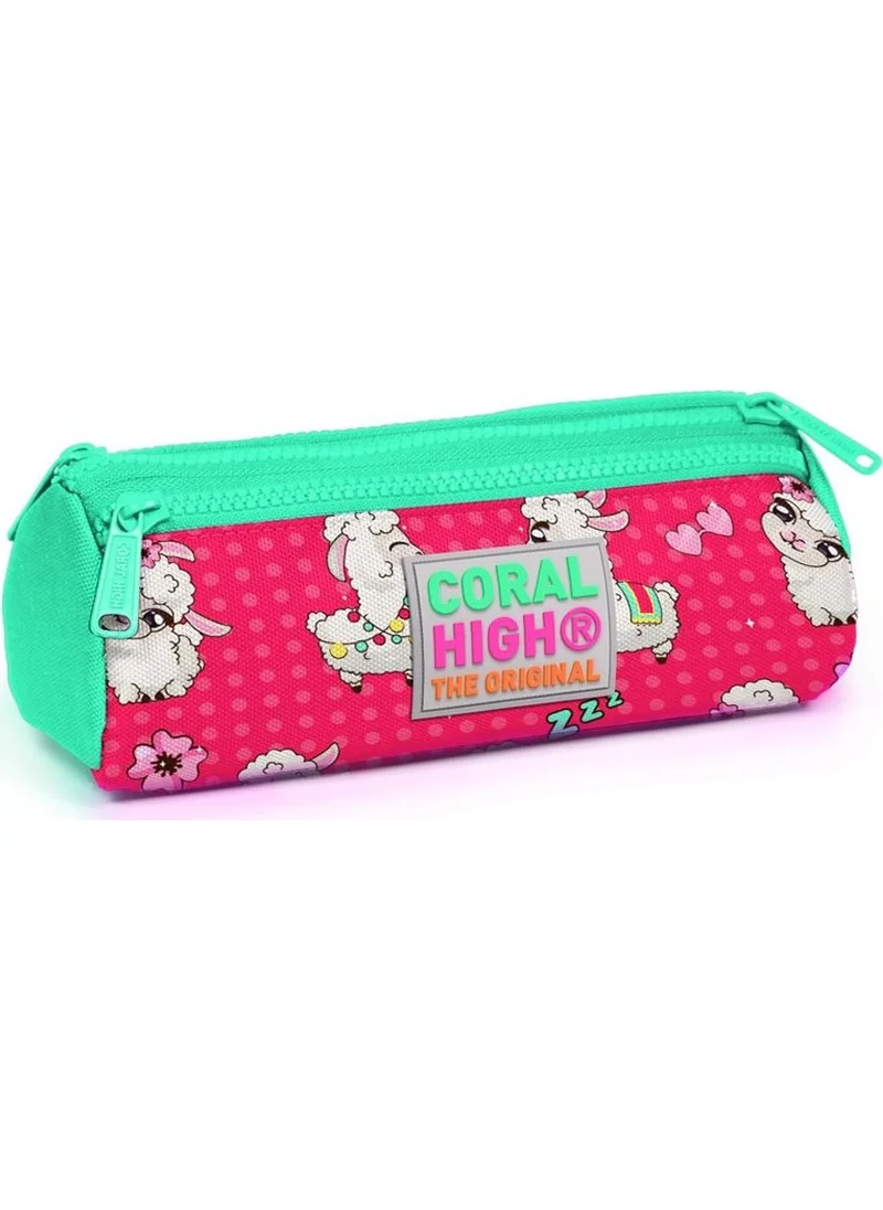 كورال هاي Kids Neon Coral Alpaca Patterned Three Compartment Pencil Bag 22308