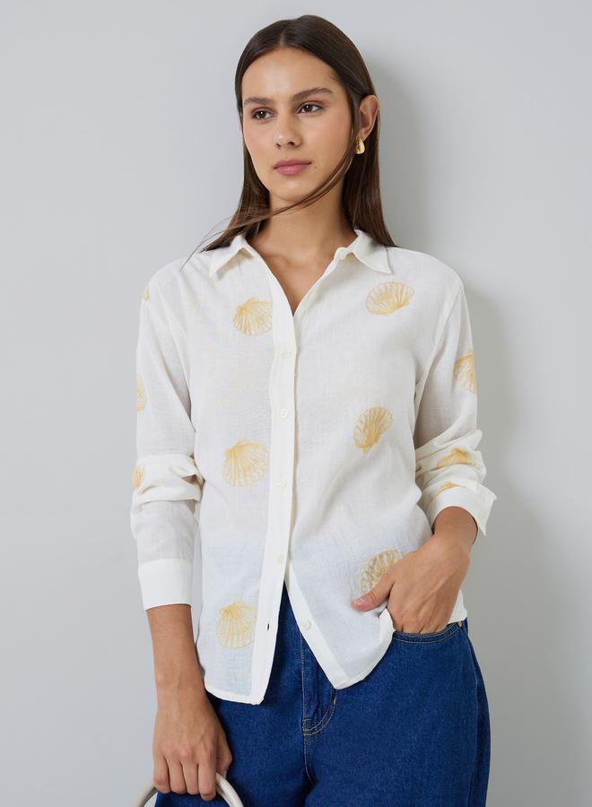 Styli Off-White Shell Embroidered Relaxed Fit Shirt - Image 1
