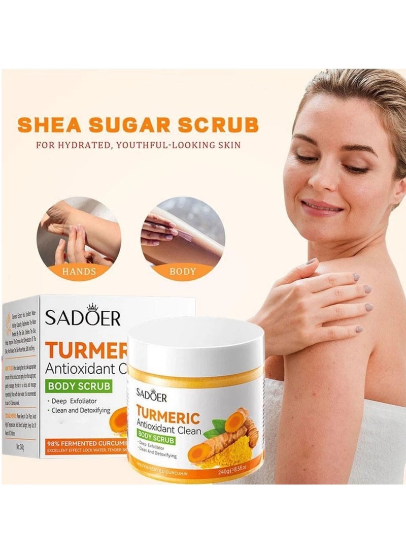 SADOER Antioxidant Turmeric Body Scrub for Reducing Hyperpigmentation, Treating Acne, and Brightening Skin - 240g - Image 1