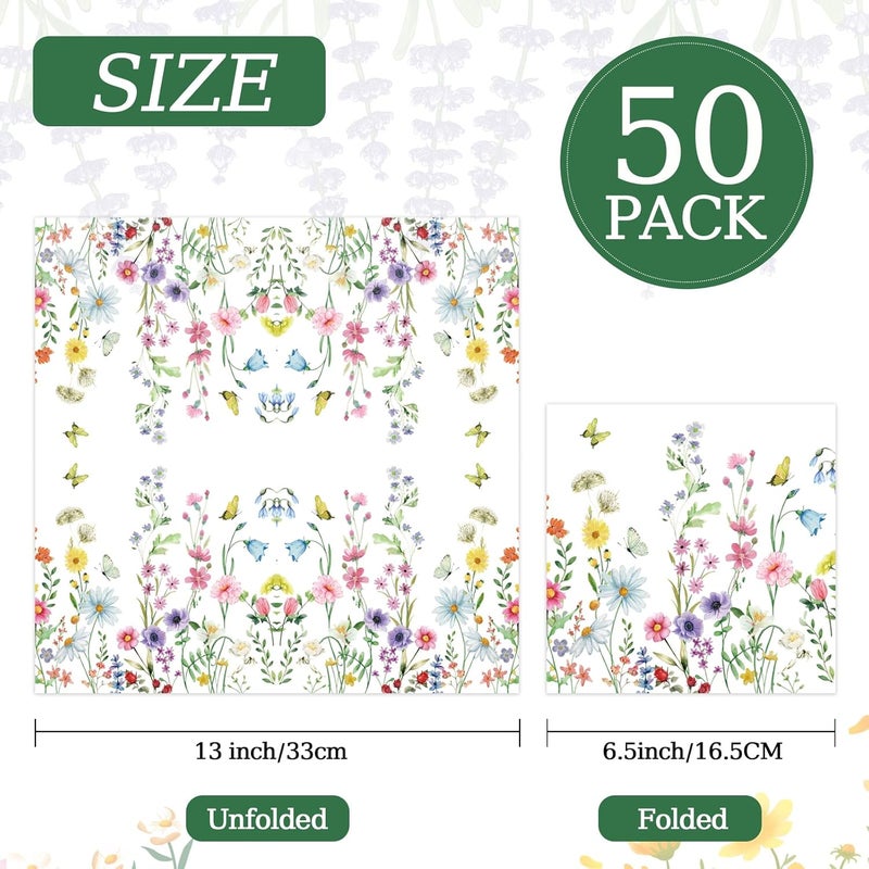 KFJBPB 50 قطعة من مناديل الزهور البرية 13 × 13 بوصة، مناديل ورقية زهرية قابلة للتخلص منها لمناسبات الربيع والصيف وحفلات الزفاف وحفلات استقبال المواليد وأعياد الميلاد وزينة حفلات الشاي. - Image 2