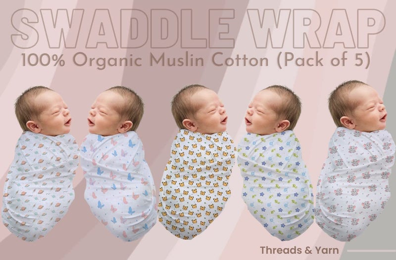 Threads & Yarn Threads Yarn Organic Muslin Cotton Swaddle Wrap for New Born 100 cm x 100 cm Multicolor Pack of 5 Mixed - Image 2