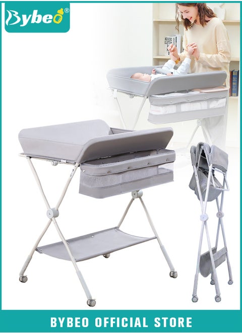 Baby Diaper Changing Table, Foldable Infant Diaper Station with Wheels, Nursery Organizer for Newborns, Babies Dresser Changing Table with Storage Boxs, Strengthen Bottom and 3 Adjustable Heights