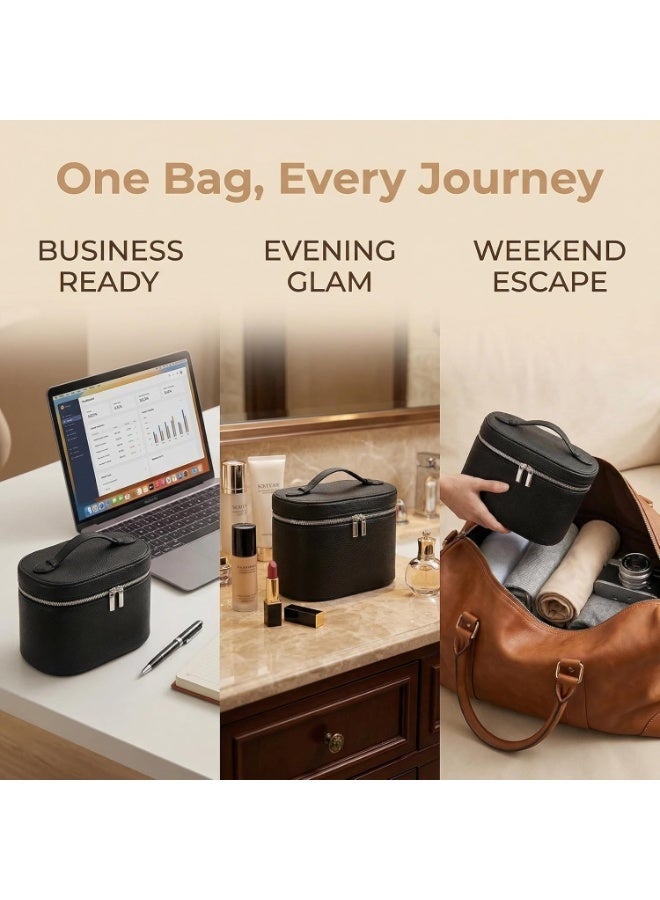 Arabest Makeup Vanity Bag with Handle for Women Large Capacity Leather Makeup Case with Removable Washable Compartment Portable Travel Toiletry Bag Cosmetic Organizer for Skincare, Toiletries (Black) - Image 3