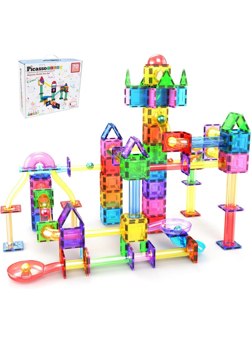 PicassoTiles Magnetic Marble Run Set 70-Pieces | Magnetic Tiles | STEM Toys | Educational Toy Set | Stacking Blocks | Enhance Problem-solving Skills & Fine Motor Skills | Improves Coordination & Creativity | Gift for Kids and Toddlers | Construction Building Set for Child Brain Development - Image 1