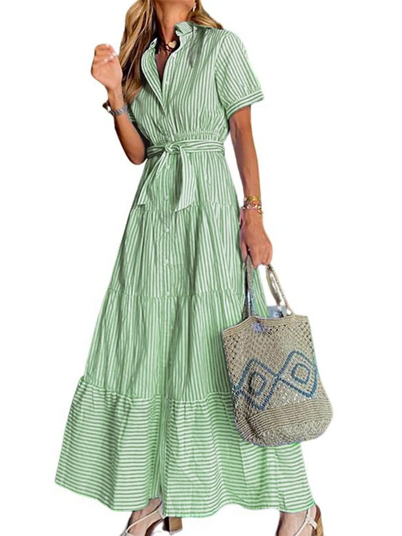 utcoco Womens Casual Short Sleeve Button Down Tie Waist Ruffled Striped Maxi Shirt Dress (Medium, Green) - Image 1