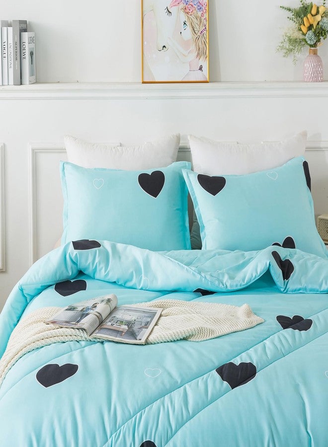 Caressma Love Pattern Girls Comforter Set Queen Size, Sky Blue Cute Love Heart Print Comforter Bedding Set for All Seasons, Geometric Soft Microfiber 3 Pieces Comforter Set with Pillowcases - Image 5