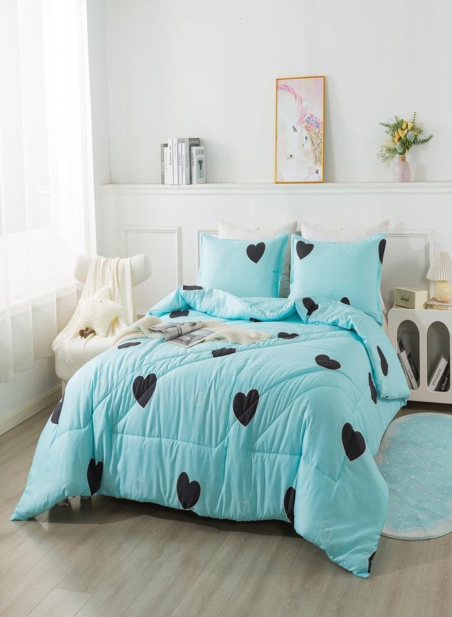 Caressma Love Pattern Girls Comforter Set Queen Size, Sky Blue Cute Love Heart Print Comforter Bedding Set for All Seasons, Geometric Soft Microfiber 3 Pieces Comforter Set with Pillowcases - Image 2
