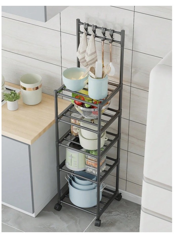 MT - 5 Layer Storage Rack , Five Tier Movable Storage Rack with Hooks and 4 Universal 360 Degree Wheels , Multipurpose Storage Shelf for Kitchen , Room or Bathroom - Image 1