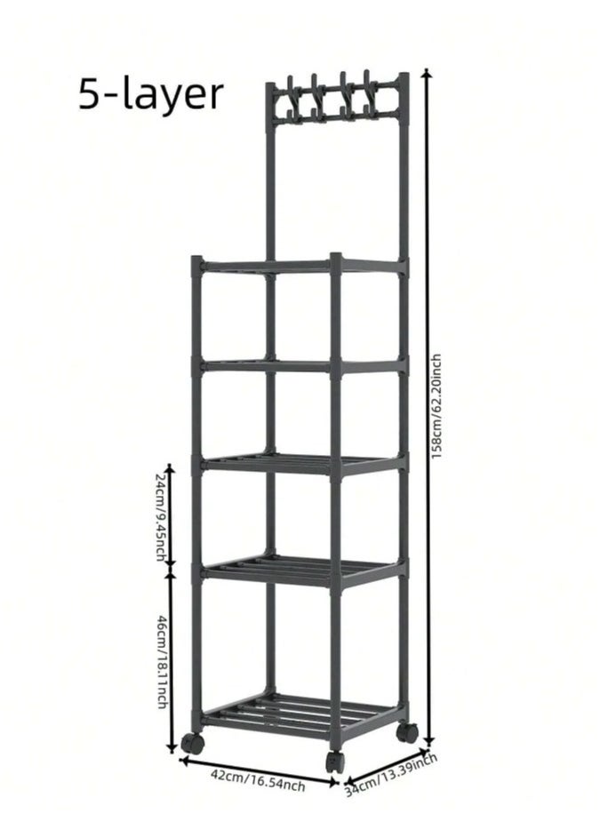 MT - 5 Layer Storage Rack , Five Tier Movable Storage Rack with Hooks and 4 Universal 360 Degree Wheels , Multipurpose Storage Shelf for Kitchen , Room or Bathroom - Image 1
