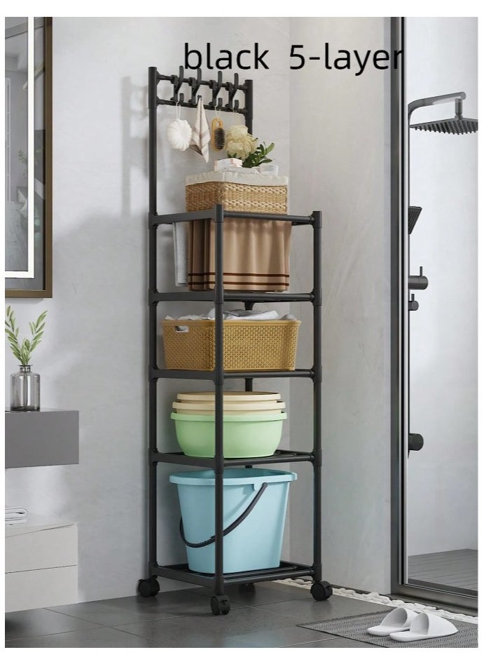 MT - 5 Layer Storage Rack , Five Tier Movable Storage Rack with Hooks and 4 Universal 360 Degree Wheels , Multipurpose Storage Shelf for Kitchen , Room or Bathroom - Image 1