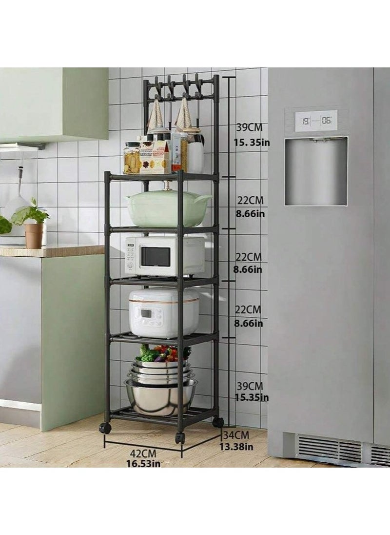 MT - 5 Layer Storage Rack , Five Tier Movable Storage Rack with Hooks and 4 Universal 360 Degree Wheels , Multipurpose Storage Shelf for Kitchen , Room or Bathroom - Image 1
