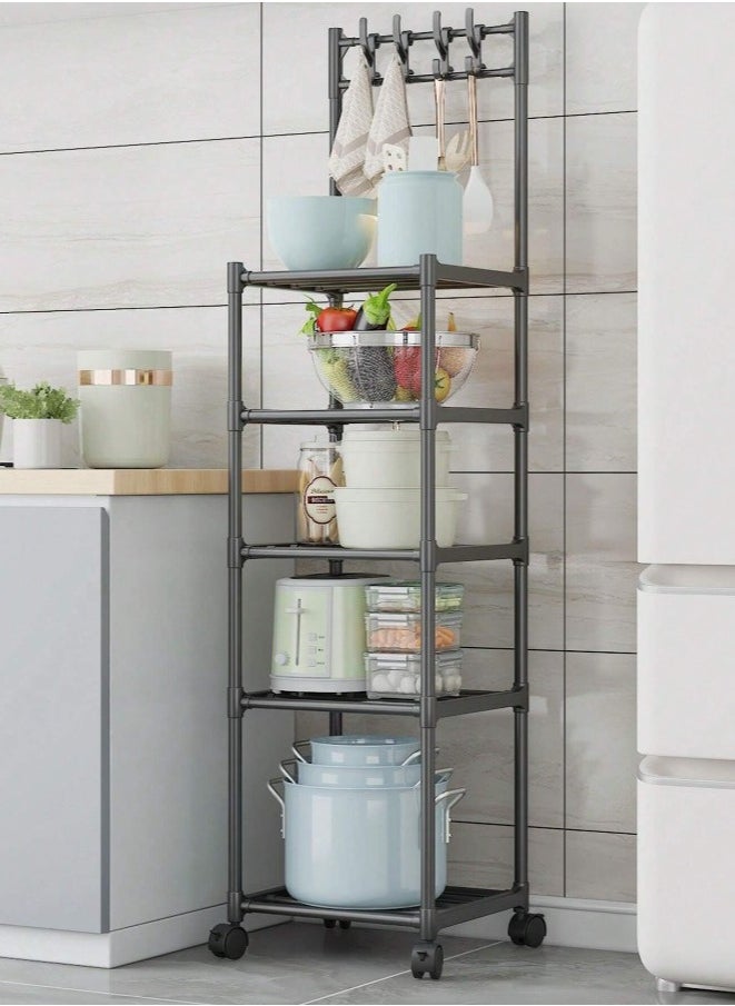 MT - 5 Layer Storage Rack , Five Tier Movable Storage Rack with Hooks and 4 Universal 360 Degree Wheels , Multipurpose Storage Shelf for Kitchen , Room or Bathroom - Image 1