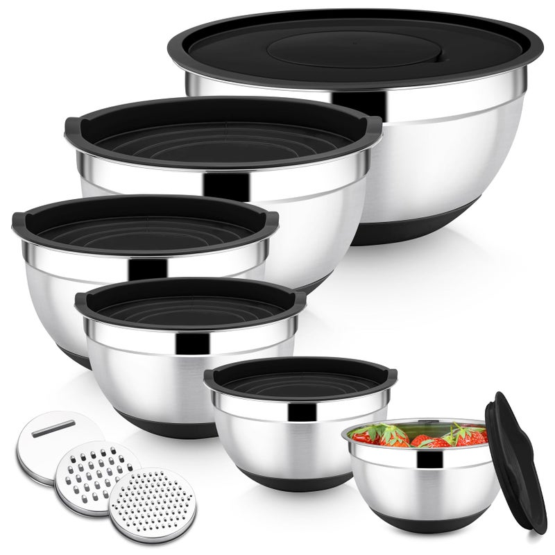 Onader Stainless Steel Mixing Bowls 6Piece Metal Salad Bowl for Kitchen Baking Cooking Serving Airtight Lids  3 Graters  Silicone Bottom Size 071216252846QT  Black
