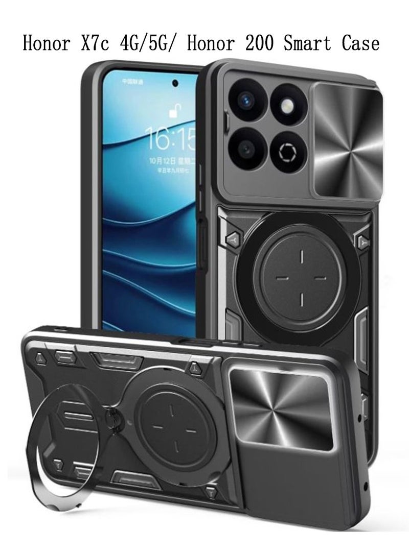 for Honor X7c 4G/5G/ Honor 200 Smart Case, Slide Camera Lens Cover, Magnetic Ring Holder Kickstand Protective Phone Case for Honor X7c 4G/5G, Black - Image 1