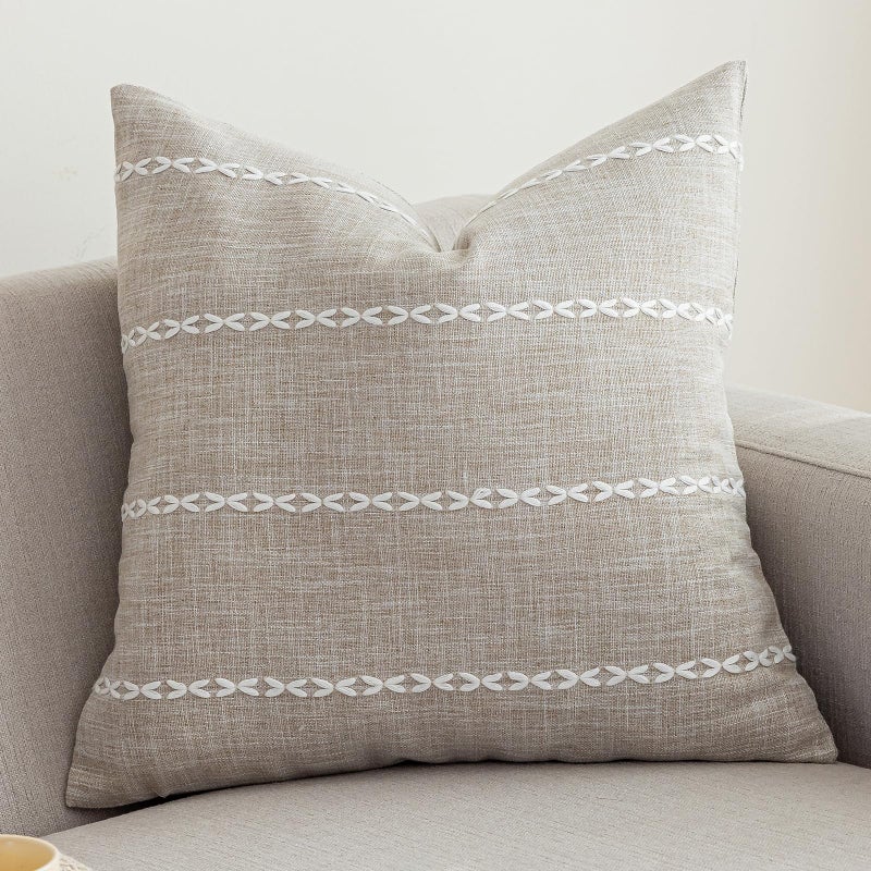 غطاء وسادة مزخرف من قطن الكتان مخطط ريفي مع تطريز مربع 18x18 للكنبة وغرفة النوم