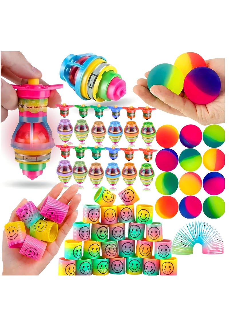 MAGIC VAULT Party Favors For Kids (12 Bouncy Balls & 12 Smiley Face Rainbow Spring, 12 Flashing Gyro Spinner) party supplies Spinning Tops, Bouncy Balls, Smiley Face Rainbow Spring For Kids Birthday Party  - Image 1