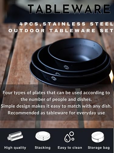 camping moon CAMPINGMOON Camping Tableware Set Stainless Steel Camping Plates Bowl Stackable Outdoor Dinnerware Canvas Carry Case Camping Hiking Picnic 8 Black Titanium Oxide Coating - Image 3