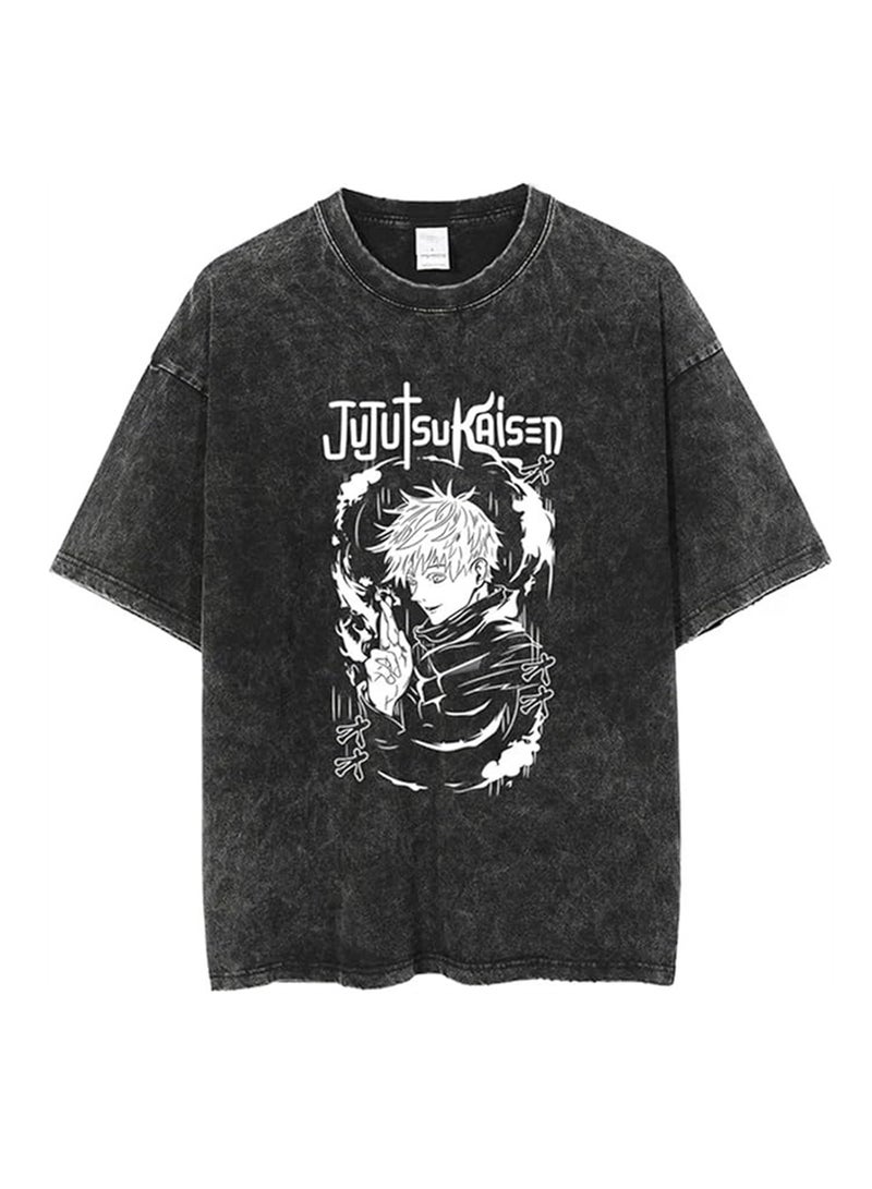 Washed retro T-shirt street hip hop anime Jujutsu Kaisen casual cotton summer short sleeves - Image 1