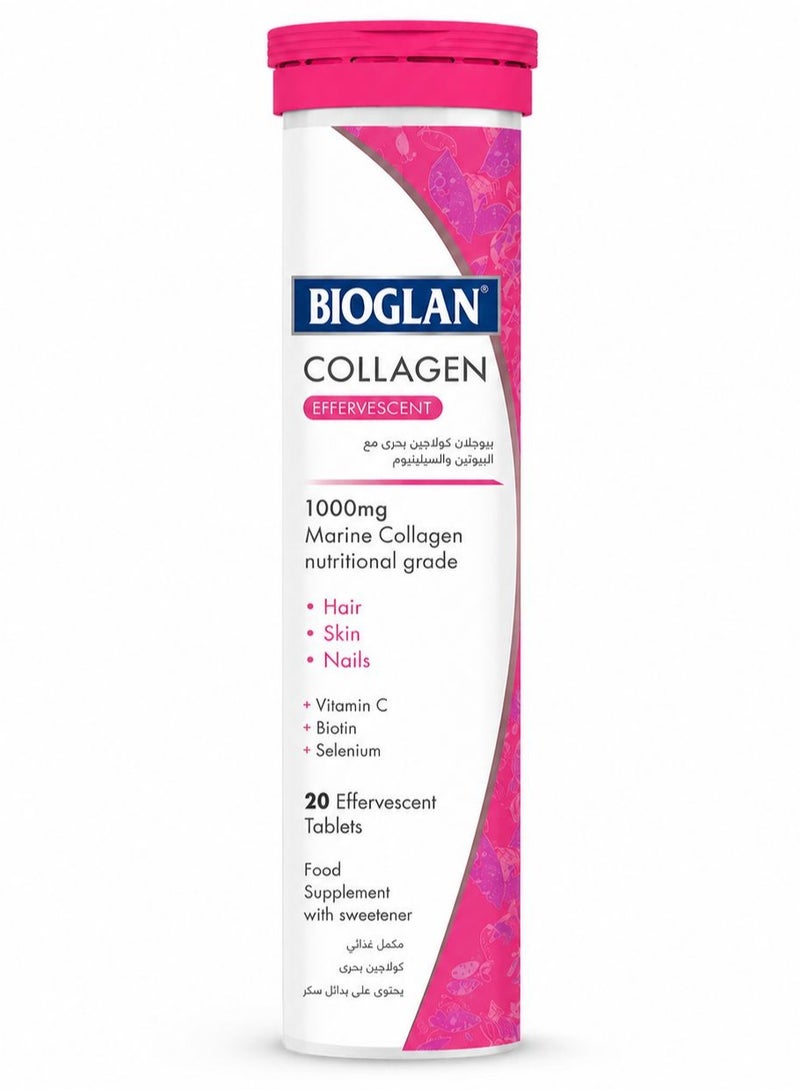 BIOGLAN Effervescent Collagen Tablets | 1000 mg | Hydrolyzed Marine Collagen with Biotin, Selenium & Vitamin C - 20 Effervescent Tablets, Raspberry Flavor - Image 1