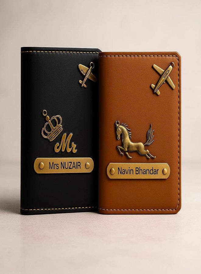 CELED MkPremium Couple Passport Cover Combo | Engraved Passport and Document Holder with Secure Compartments (Black & TAN) - Image 2