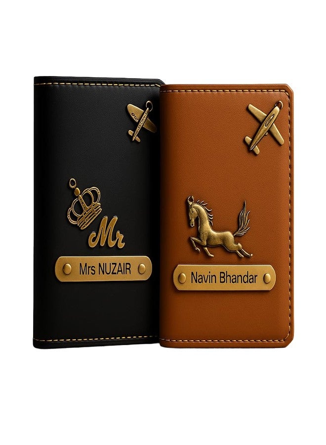 CELED MkPremium Couple Passport Cover Combo | Engraved Passport and Document Holder with Secure Compartments (Black & TAN) - Image 1