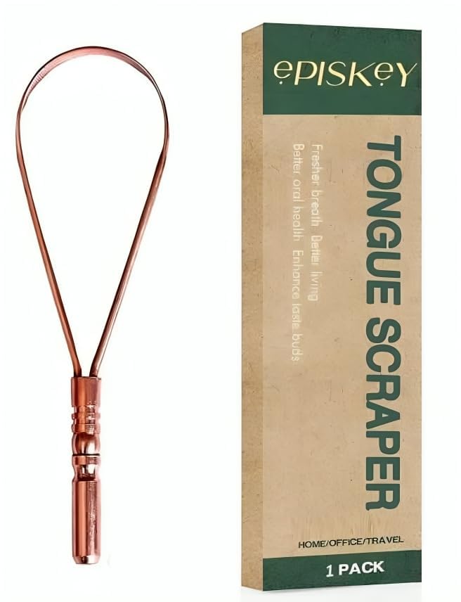 Episkey منظف لسان نحاسي بمقبض واحد من إبيسكي - سهل الاستخدام بيد واحدة - تغطية سطح أكبر - صحة نحاسية أيورفيدية لنفس منعش ونظافة فموية كاملة (مقبض واحد نحاسي) (نحاسي، عبوة 2) - Image 1