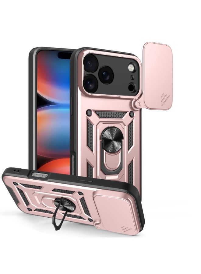 Shunjia Sliding Window Case, Shockproof Rugged Armor with Sliding Camera Cover & 360° Ring Kickstand, Compatible with Apple iPhone 17 Pro Max (Rose Gold)