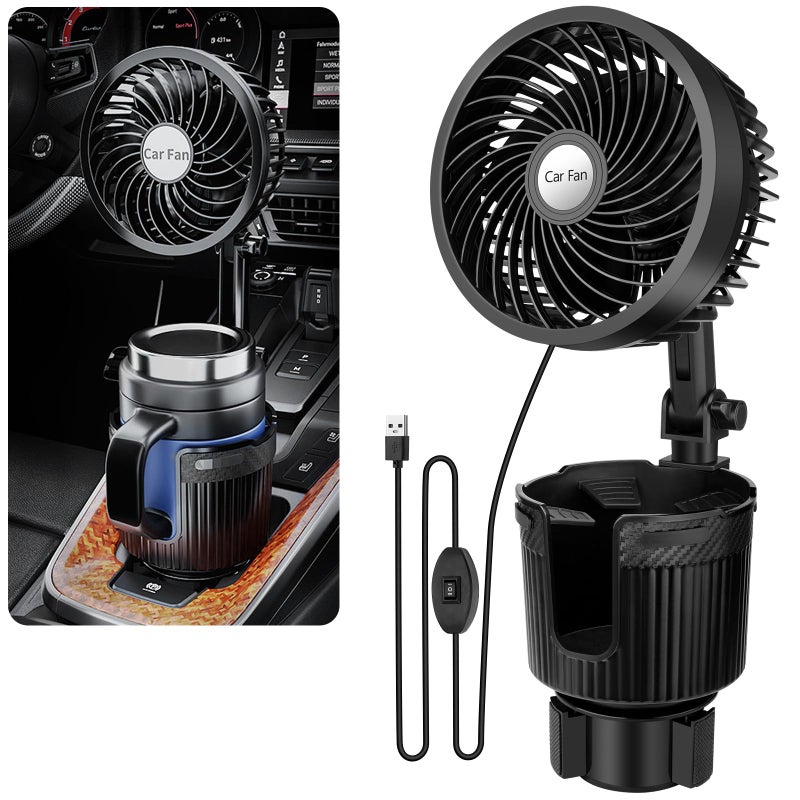2 in 1 USB Fan Cup Holder Expander 6Inch Portable Vehicle Cooling Fan 360 Degree Rotatable 2 Speed USB Powered for Car Vehicle SUV RV Truck Office