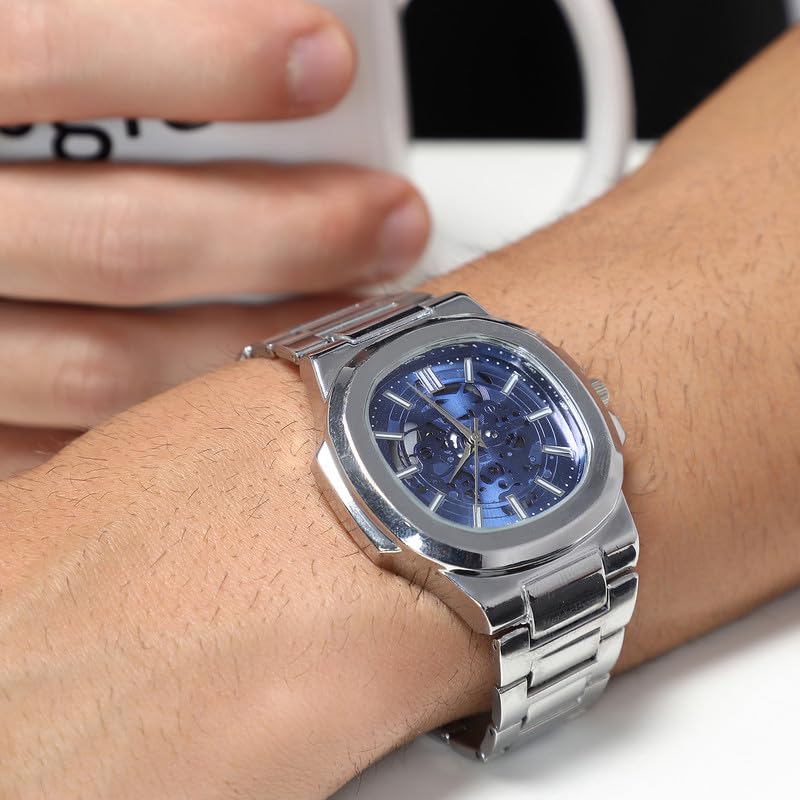 French Accent Men's The Luméa Round Watch | Metallic Silver Stainless Steel Strap | Sapphire Blue Dial | One-Size | Foldover Closure | Quartz | Battery | Wrist Belt Watch for Men and Boys - Image 3