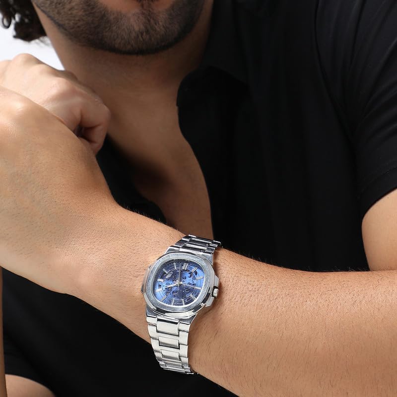 French Accent Men's The Luméa Round Watch | Metallic Silver Stainless Steel Strap | Sapphire Blue Dial | One-Size | Foldover Closure | Quartz | Battery | Wrist Belt Watch for Men and Boys - Image 4