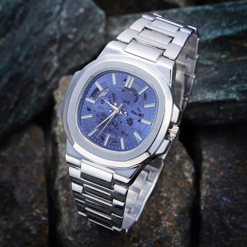 French Accent Men's The Luméa Round Watch | Metallic Silver Stainless Steel Strap | Sapphire Blue Dial | One-Size | Foldover Closure | Quartz | Battery | Wrist Belt Watch for Men and Boys - Image 2