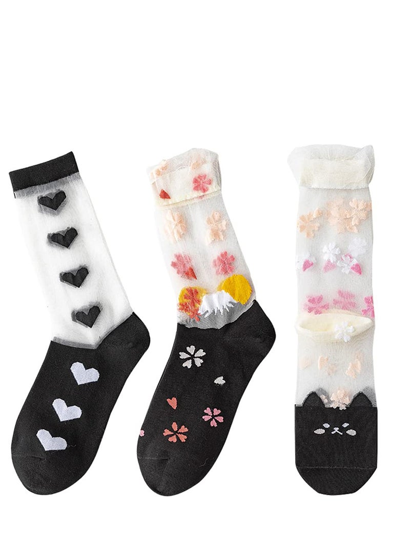 Womens Sheer Socks, Summer Transparent Thin Mesh Lace Elastic Socks Crystal Glass Silk Sheer Short Stockings Socks, Lightweight Breathable Ventilation Ankle Socks (3Pairs) - Image 1