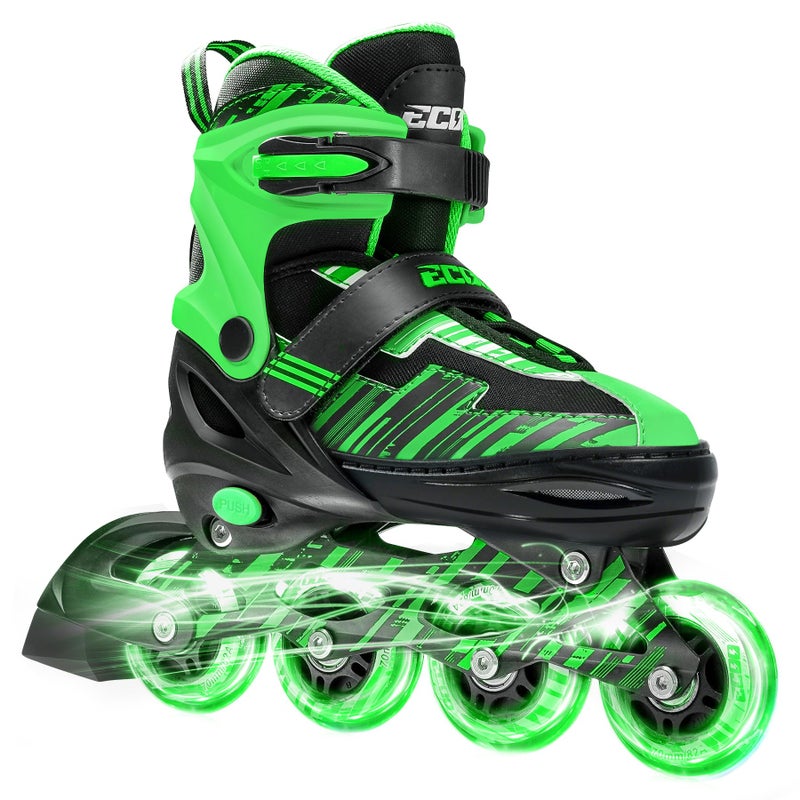 ECOO Adjustable Inline Skates Boys and Girls with Light up Wheelsï¼ŒRoller Skates for Kids Ages 4-12, Teen Skates for Beginner Outdoor and Indoor (Green & Black, Medium-Big Kidsï¼ˆ13j-3 USï¼‰) - Image 1