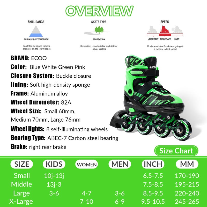 ECOO Adjustable Inline Skates Boys and Girls with Light up Wheelsï¼ŒRoller Skates for Kids Ages 4-12, Teen Skates for Beginner Outdoor and Indoor (Green & Black, Medium-Big Kidsï¼ˆ13j-3 USï¼‰) - Image 5